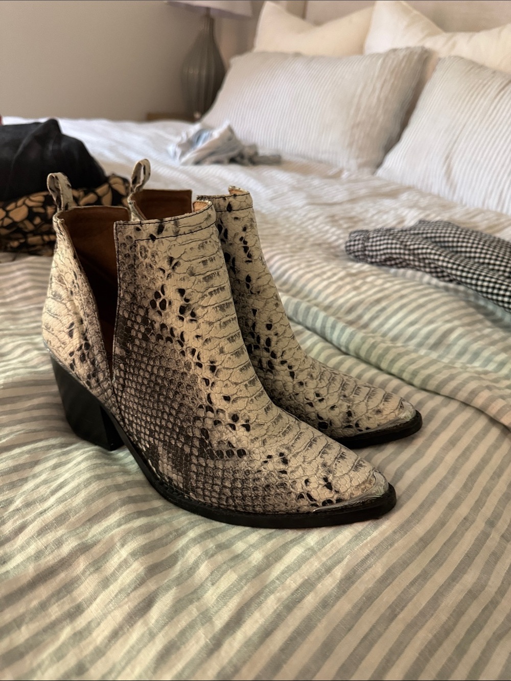 Jeffrey Campbell Snake-Embossed Ankle Boots in Cream and Black